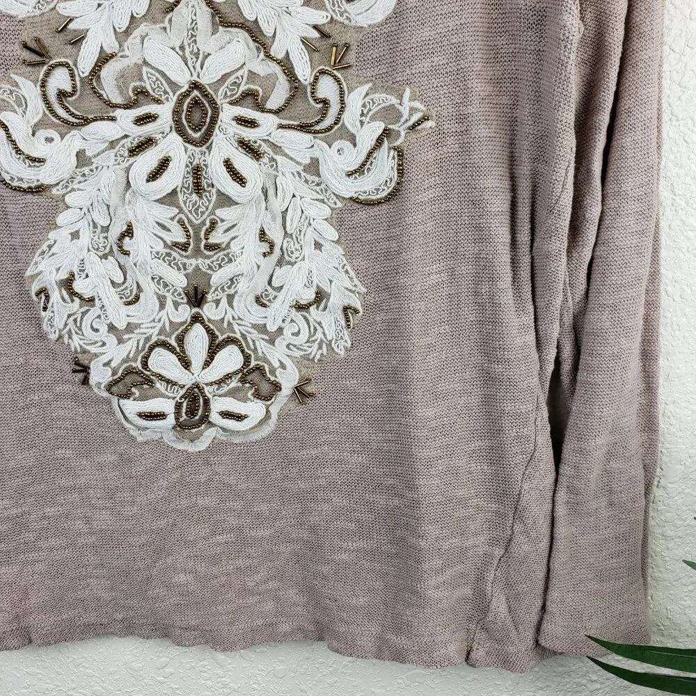 Anthropologie Meadow Rue Top Long Sleeve Boho Victorian Embroidered Beaded sz M